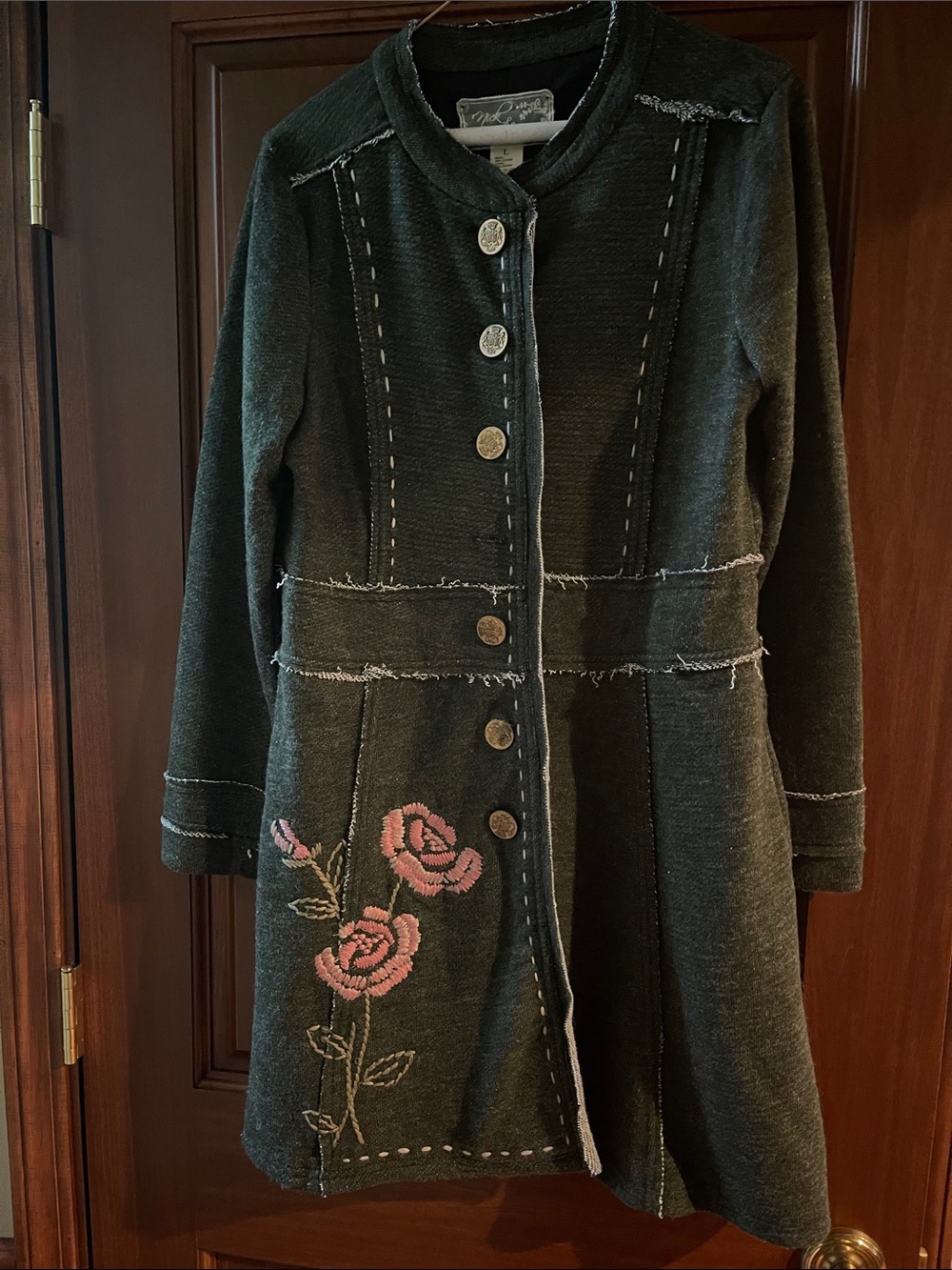 Nick & Mo Dark Gray Embroidered Floral Button-Front Coat